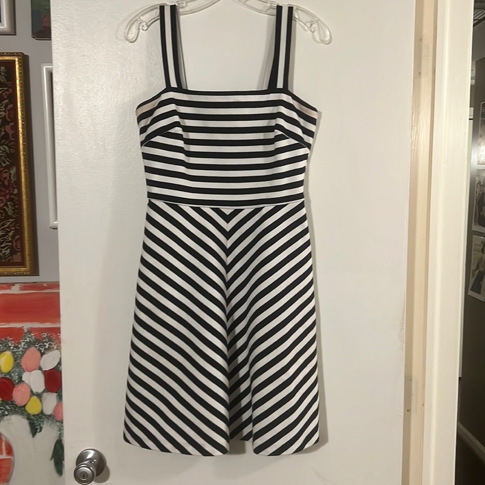 MICHAEL Michael Kors Black and White Striped Fit-and-Flare Dress